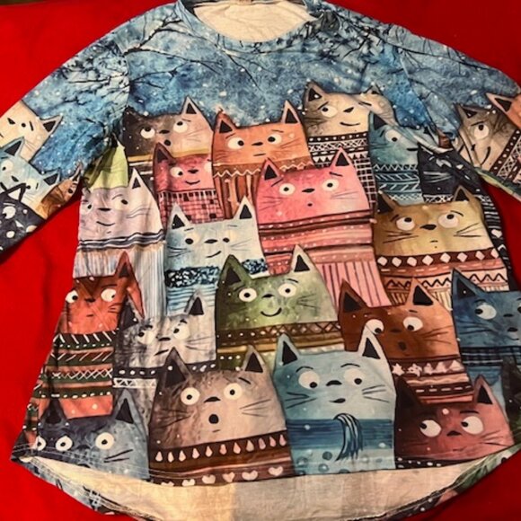 Colorful Cat Print Long Sleeve Tunic Top Size 3XL – Whimsical Oversized Shirt - Picture 2 of 6